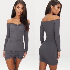 NWT PrettyLittleThing Charcoal Gray Ruched Bodycon‎ Off Shoulder Dress Size 2